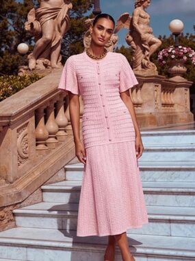 Pink Pointelle Knit Maxi Dress Short Sleeve Button Front